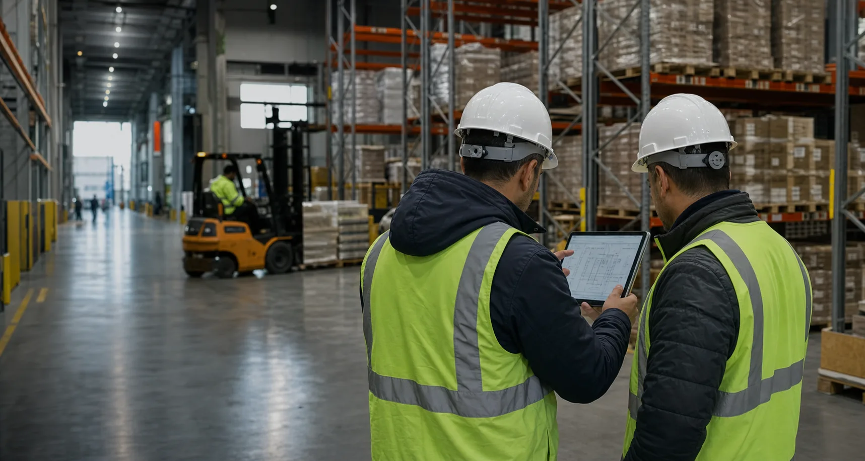 Depo operasyon akışını tablet üzerinden inceleyen iki uzmanın temsili görüntüsü